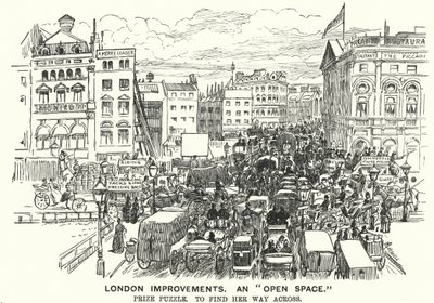 Caricature de Punch : Améliorations de Londres. Un "espace ouvert" - congestion du trafic dans le Londres victorien (gravure) - Alfred Chantrey Corbould