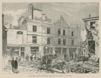 Les attentats à la dynamite à Westminster; Vue générale des dégâts à Scotland Yard - Alfred Chantrey Corbould