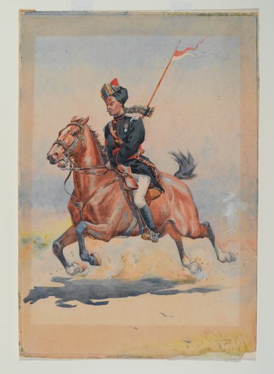 Un Jat Sowar de la 6e cavalerie monté, galopant, avec une lance en bandoulière - Alfred Crowdy Lovett
