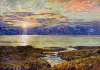 Soleil de minuit sur le lac Torne Trask, depuis Abisko - Alfred Heaton Cooper
