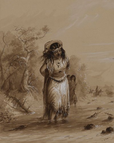 Une petite Indienne portant son bébé dans un porte-bébé traverse un ruisseau - Alfred Jacob Miller