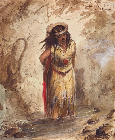 Fille indienne avec un bébé traversant un ruisseau, vers 1837 - Alfred Jacob Miller