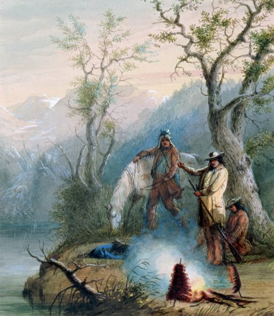 Rôtissage de la côte de bosse, 1837 (aquarelle rehaussée de blanc sur papier) - Alfred Jacob Miller