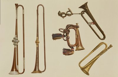 Trompette de cavalerie, un clairon, une trompette dorée fabriquée par John Harris vers 1730, une trompette et une trompette à monture en argent par William Ball vers 1680, de 