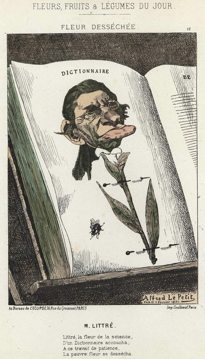 Fleur desséchée: Caricature de Littré - ill. du 01/02/1871 dans "Fleurs, Fruits et Légumes du Jour" - Alfred Le Petit