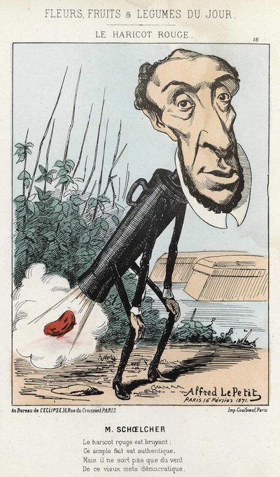Le Bean rouge: caricature représentant dans le train de Pierre un haricot (pet) - ill. du 16/02/1871 par Alfred Le Petit, dans « Fleurs, Fruits et Légumes du Jour ». - Alfred Le Petit