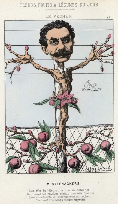 Le Pêcher: Caricature de Steenackers - ill. du 30/01/1871 dans "Fleurs, Fruits et Légumes du Jour" - Alfred Le Petit