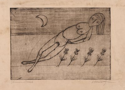 Croissant de lune, fleurs et nu féminin (eau-forte et aquatinte sur papier) - Alfred Lomnitz
