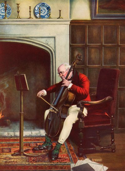 Un passage difficile - homme pratiquant le violoncelle devant le feu - Alfred Lyndon Grace