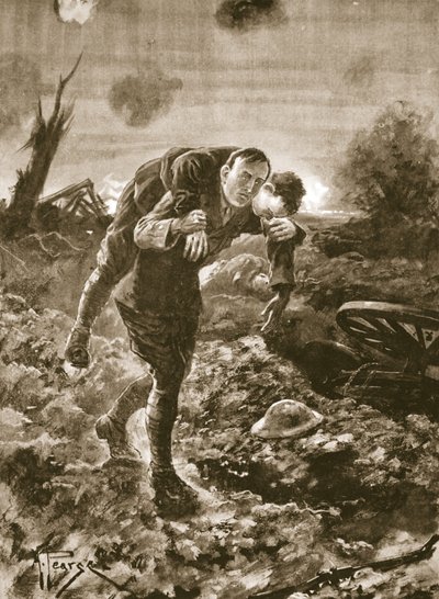 Lieutenant temporaire G. St. G. S. Cather ramenant un homme blessé en pleine vue de l