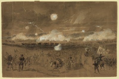 Corps de Couch formant une ligne de bataille dans les champs à Chancellorsville pour couvrir la retraite du onzième corps fuyant honteusement - Alfred R. Waud