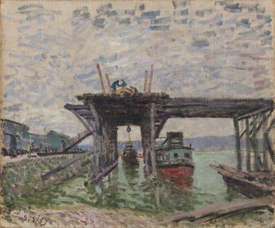 French : Pont en construction The River Boat Garage - Alfred Sisley
