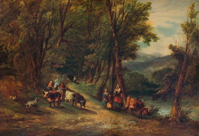 Bétail et figures dans une vallée boisée avec ruisseau, 1860, 1938 - Alfred Vickers