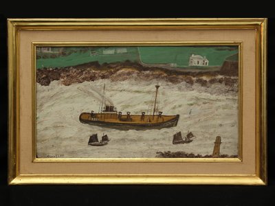 Trois bateaux entre le phare et le rivage, vers 1930 - Alfred Wallis