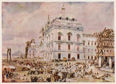 Construction du Palais-Convent de Mafra, Portugal (lithographie en couleur) - Alfredo Roque Gameiro