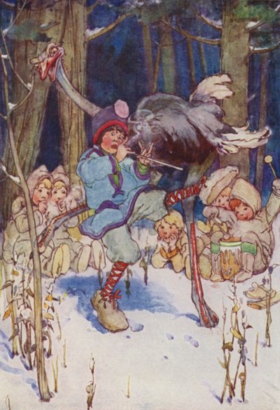Slightly dansait joyeusement avec une autruche (lithographie en couleur) - Alice Bolingbroke (after) Woodward
