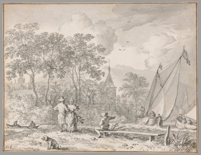 Paysage avec figures élégantes au bord d
