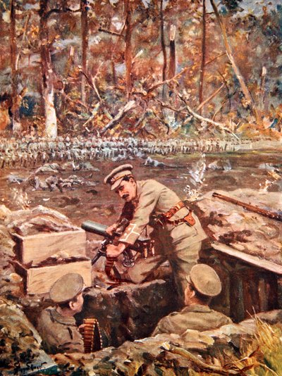 Le lieutenant Dimmer réparant une mitrailleuse sous le feu de la garde prussienne avancée - Allan Stewart