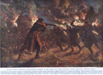 Le soldat Meston attaquant, seul, plusieurs ennemis qui avançaient, après avoir capturé une tranchée britannique, illustration de 