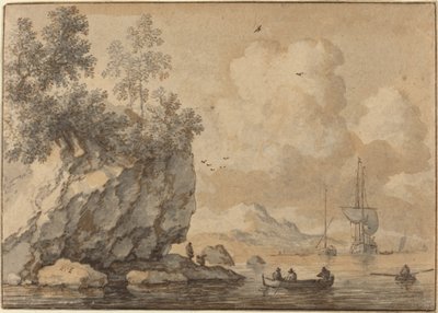 Figures dans des barques dans une crique rocheuse, navires à voile au-delà - Allart van Everdingen