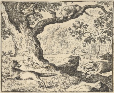 Suivant la fausse histoire de Renard, son père est chassé par des chiens de chasse de Hendrick van..., 1650-75 - Allart van Everdingen