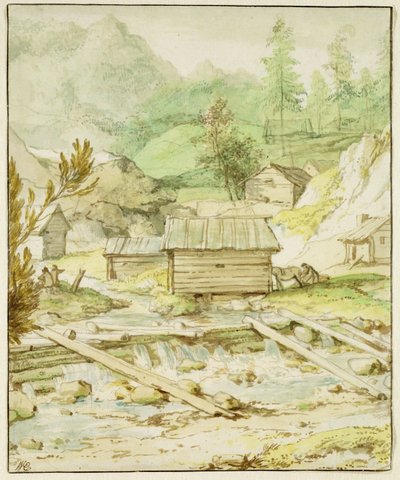 Paysage nordique avec cabane en bois et barrage - Allart van Everdingen
