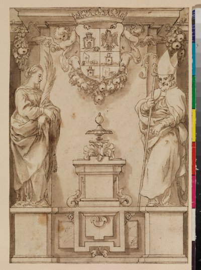 Conception pour une page de titre avec deux saints sur des piédestaux et un blason espagnol imaginaire, 17ème siècle - Alonso Cano