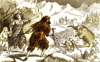 Préhistoire - chasse au mammouth. Période glaciaire : Création naturelle et êtres vivants. Dessin par A. Demarle. 1885 - Alphonse Demarle