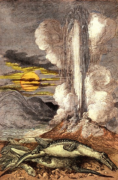 Éruptions vénéneuses des eaux thermales à la période triasique. Création et êtres vivants (par Jules Rengade). Dessin par A. Demarle. 1885 - Alphonse Demarle