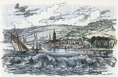 Vue du mascaret de la Seine à Caudebec-en-Caux (Caudebec en Caux) en Seine-Maritime, Normandie. Gravure tirée de « La Nature et l