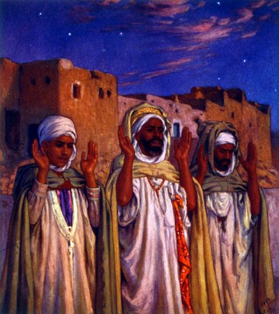 Illustration représentant des pèlerins arabes musulmans en route vers La Mecque - Alphonse Etienne Dinet