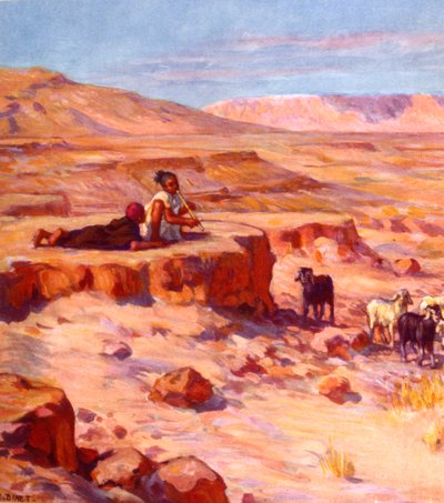 Deux enfants nomades arabes jouant de la flûte en gardant des chèvres dans le désert - Alphonse Etienne Dinet