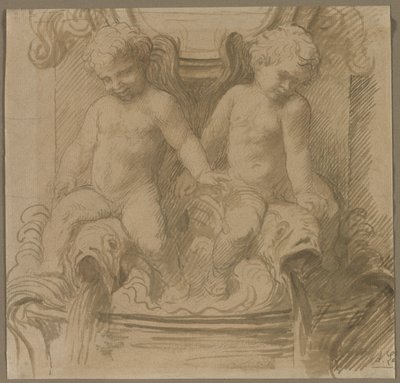 Fontaine avec putti chevauchant des dauphins, seconde moitié des années 1800 - Alphonse Legros