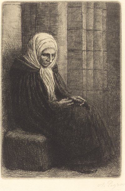 Femme assise contre un mur, enfant avec sa tête sur ses genoux - Alphonse Legros