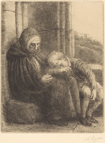 Femme assise contre un mur, enfant avec sa tête sur ses genoux - Alphonse Legros