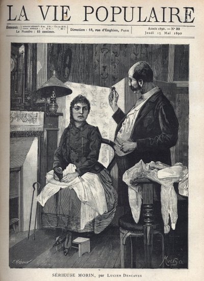 Une jeune femme malade, aux yeux fiévreux, tient une tirelire dans sa main et fait face avec fatigue à un grand docteur qui manie un instrument pour vérifier ses oreilles. Sur les genoux de la jeune femme assise près de la cheminée, ainsi que sur les meubl - Alphonse Mucha