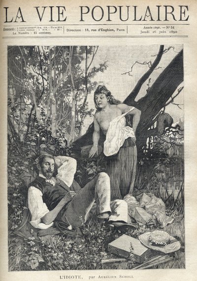 Une jeune femme, décoiffée, dénudée, poitrine apparente, se penche avec confiance et amusement vers un peintre allongé, dormant en pleine nature, veste, chapeau, matériel et pipe éparpillés sur le sol. Illustration par Alfons Maria Mucha (Alphonse Marie Mu - Alphonse Mucha