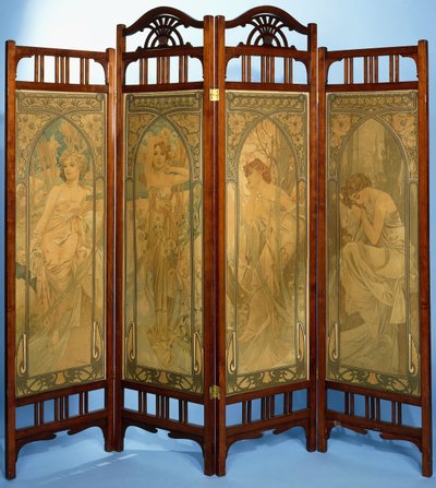 Écran Art Nouveau, les panneaux décorés de la série "Les Heures du Jour", comprenant Eveil Matin, Eclat du Jour, Rêverie du Soir et Repos de la Nuit - Alphonse Mucha