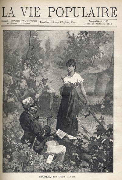 Un vieil homme lit une lettre à une belle jeune paysanne tenant une faux. Des chasseurs observent la scène au loin. Illustration par Alfons Maria Mucha - Alphonse Mucha