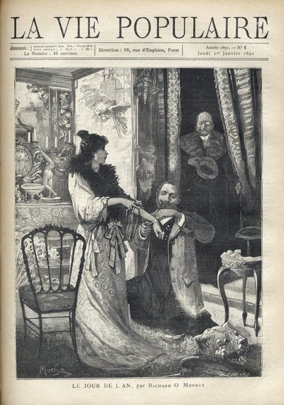 Un vieil homme surprend une scène galante : un homme agenouillé devant une femme élégante lui attache un bracelet au poignet. Illustration par Alfons Maria Mucha (Alphonse Marie Mucha - Alphonse Mucha