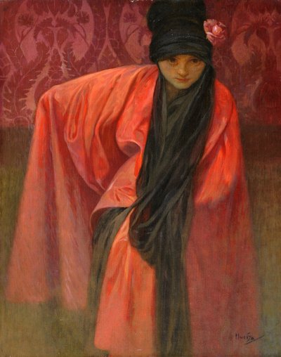 Fille en rouge - Alphonse Mucha