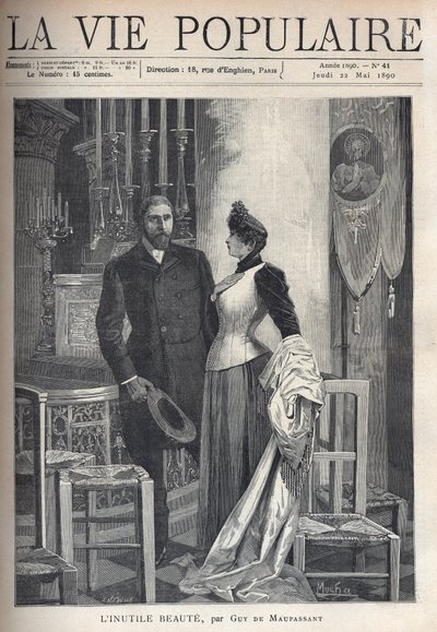 Dans une église, un beau et élégant couple se lève parmi les bougies et prie Dieu. Illustration par Alfons Maria Mucha - Alphonse Mucha