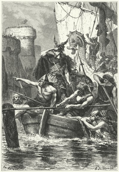 La flotte normande attaquant Paris, 885 (gravure) - Alphonse Marie de (after) Neuville