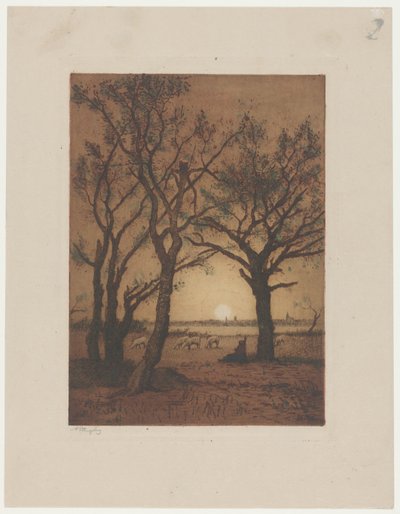 Paysage avec moutons au coucher du soleil - Alphonse Stengelin (signed by artist)
