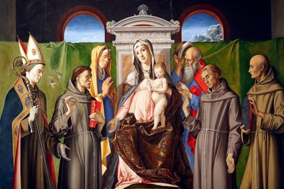 Madone et Enfant en majesté avec les saints Louis de Toulouse, Antoine de Padoue, Anne, Joachim, François et Bernardin de Sienne - Alvise Vivarini