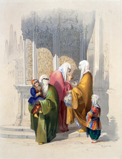 Scène de rue avec des passants, y compris une femme noire africaine pauvre et un enfant, pub. 1865 - Amadeo Preziosi