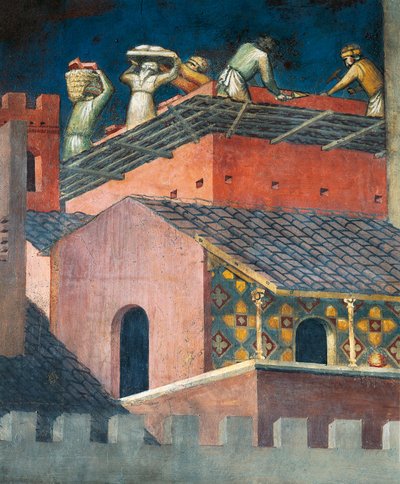 Effets du bon gouvernement en ville, maçons au travail (détail) - Ambrogio Lorenzetti