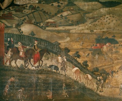 Paysage avec des paysans et un groupe de chasseurs (fresque) - Ambrogio Lorenzetti