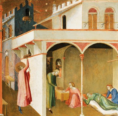 Saint Nicolas offrant la dot à trois pauvres filles, (détail) des miracles de Saint Nicolas de Bari par Ambrogio Lorenzetti - Ambrogio Lorenzetti