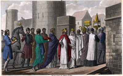 Chilpéric, après le meurtre de Sigebert, entre à Paris suivant une procession pour ne pas sembler violer le serment qu